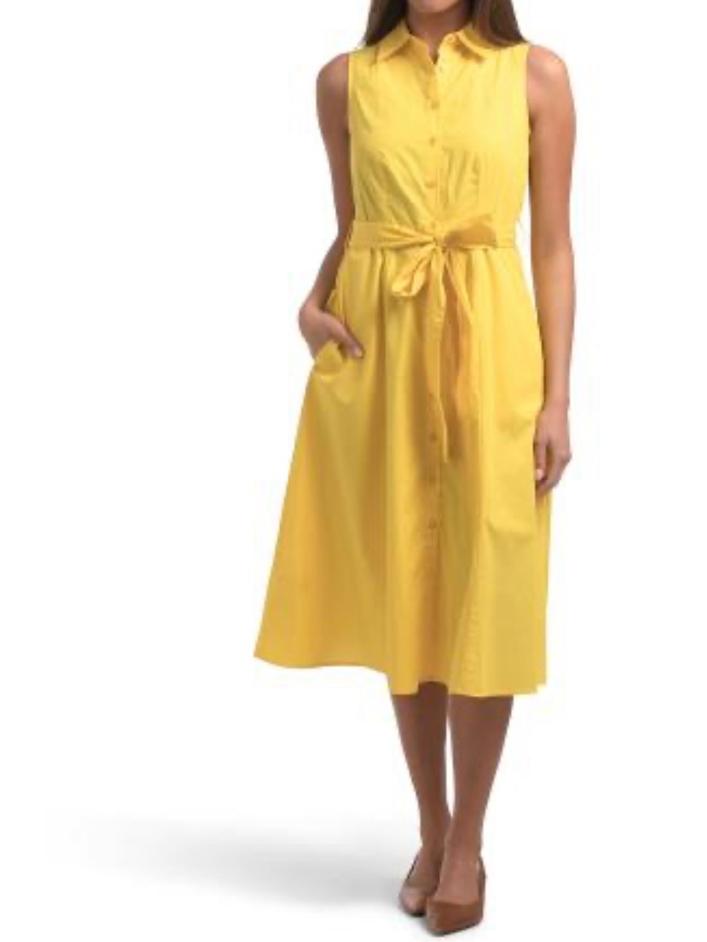 Calvin Klein Sleeveless Yellow Button-Front Midi Shirt Dress with Tie Waist